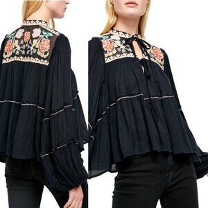 Free People In Vivid Color Embroidered Top in Black